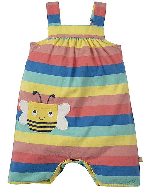 Frugi Beau Beach Dungaree, Bright Rainbow Stripe/Bee - Jersey Organic Cotton Dungarees