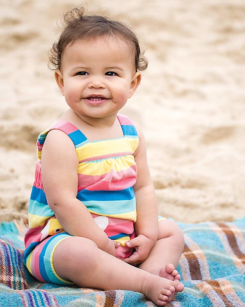 Frugi Beau Beach Dungaree, Bright Rainbow Stripe/Bee - Jersey Organic Cotton Dungarees