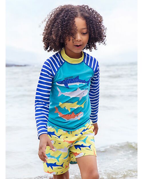 Frugi Board Shorts - Yellow with Sharks - Recycled Bottles Swimming Trunks