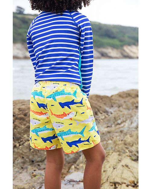 Frugi Board Shorts - Yellow with Sharks - Recycled Bottles Swimming Trunks