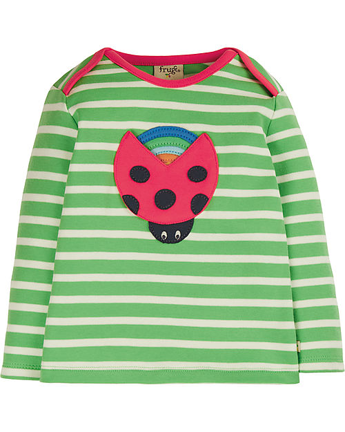 Frugi Bobby Applique Top - Fjord Green Stripe/Ladybird - Organic Cotton Long Sleeves Tops
