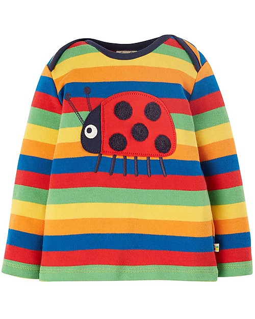 Frugi Bobby Applique Top - Rainbow Stripe/Ladybird - Organic Cotton Long Sleeves Tops