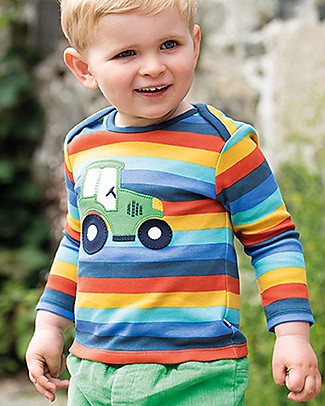 Frugi Bobby Applique Top - Stripe Rainbow/Tractor - Organic Cotton Long Sleeves Tops