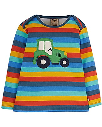 Frugi Bobby Applique Top - Stripe Rainbow/Tractor - Organic Cotton Long Sleeves Tops
