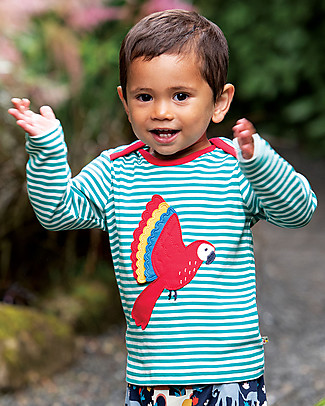 Frugi Bobby Applique Top - Stripes / Parakeet - 100% Organic Cotton Long Sleeves Tops