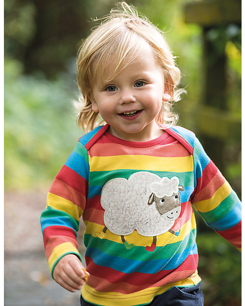 Frugi Bobby Applique Top with Long Sleeves, Happy Rainbow/Sheep - 100% Organic Cotton Long Sleeves Tops
