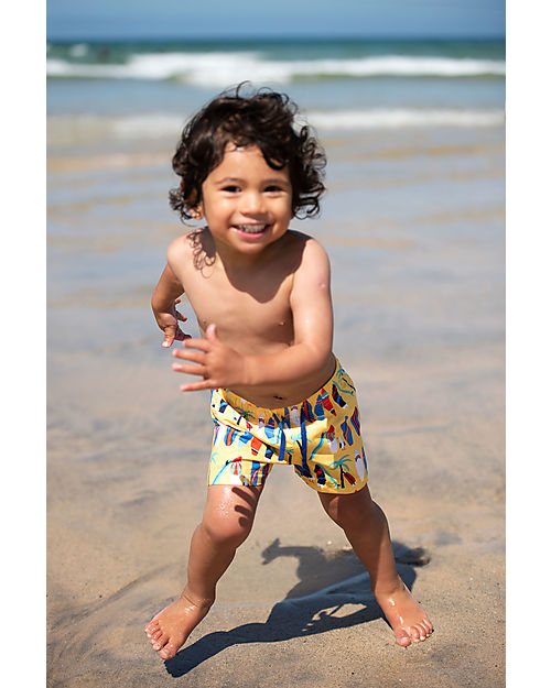 Frugi Boscastle Board Shorts - Daffodil Surfs Up - Yellow/Surf - 100% Recycled fabric Swimming Trunks