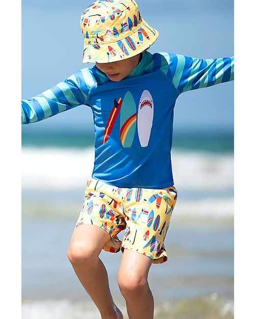 Frugi Boscastle Board Shorts - Daffodil Surfs Up - Yellow/Surf - 100% Recycled fabric Swimming Trunks