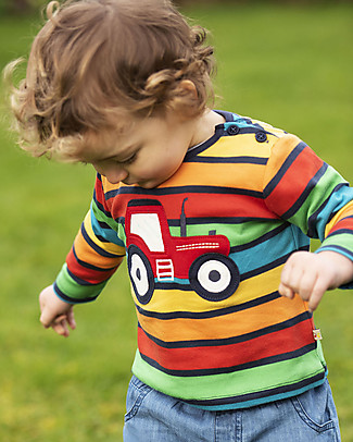 Frugi Button Applique Top - Rainbow Stripes/Tractor - Organic cotton Long Sleeves Tops