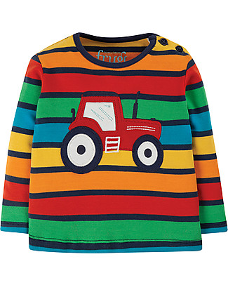 Frugi Button Applique Top - Rainbow Stripes/Tractor - Organic cotton Long Sleeves Tops