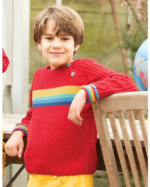 Frugi Caleb Cable Knit Jumper, Tango Red/Rainbow (4-7 years) - Organic cotton Jumpers