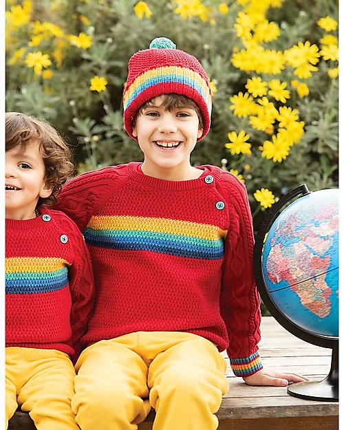Frugi Caleb Cable Knit Jumper, Tango Red/Rainbow (4-7 years) - Organic cotton Jumpers