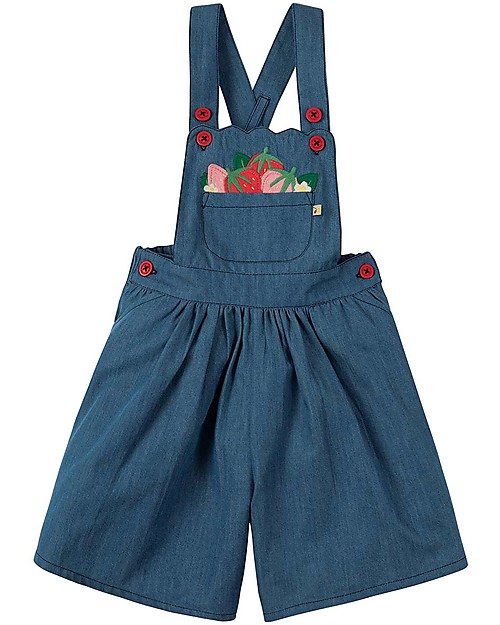 Frugi Chambray Culotte Dungaree, Chambray/Strawberries - 100% organic cotton Dungarees