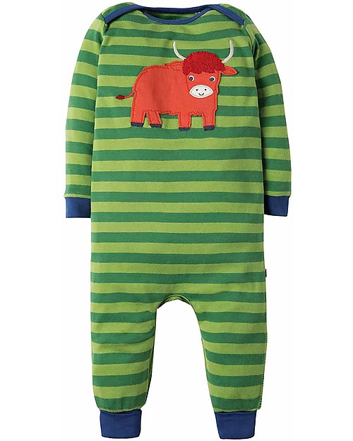 Frugi Charlie Romper, Meadow Stripe/Highland Cow - organic cotton Babygrows