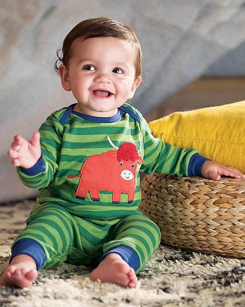 Frugi Charlie Romper, Meadow Stripe/Highland Cow - organic cotton Babygrows