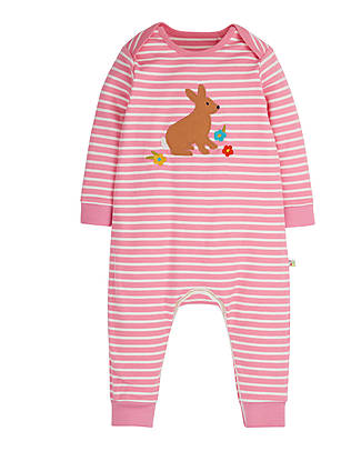Frugi Charlie Romper - Mid Pink Breton and Bunny - Pollinators - Organic Cotton Babygrows