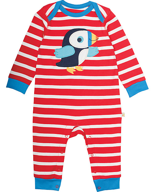 Frugi Charlie Romper, Tomato and White Stripes with Puffin - 100% Organic Cotton Babygrows