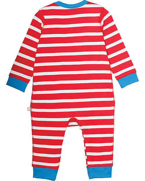 Frugi Charlie Romper, Tomato and White Stripes with Puffin - 100% Organic Cotton Babygrows