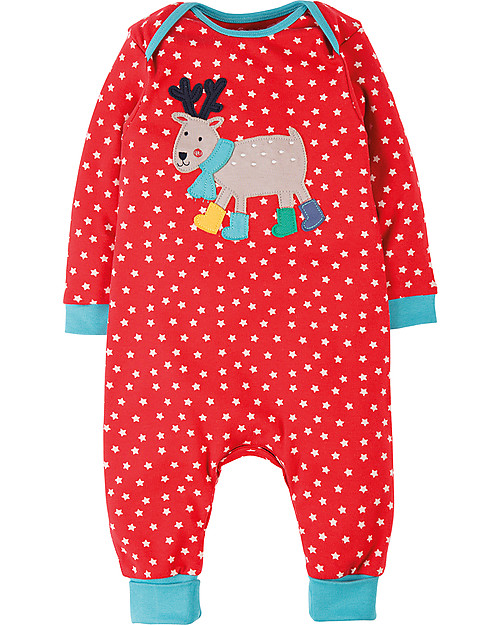 Frugi Charlie Romper, Tomato Stars/Reindeer - 100% organic cotton Babygrows