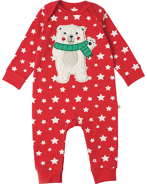 Frugi Charlie Romper, Tomato with Twinkle Star and Polar Bear - 100% Organic Cotton Babygrows