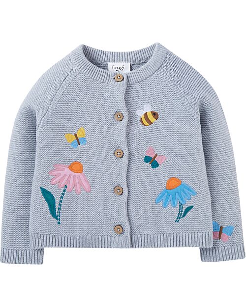 Frugi Colby Cardigan - Grey Marl/Flowers - Organic Cotton Cardigans