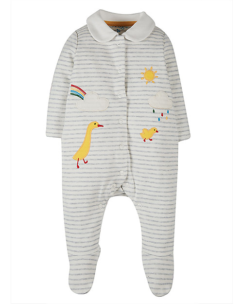Frugi Collared Babygrow with Feet - Grey Stripes/Ducks - 100% Organic Cotton Babygrows