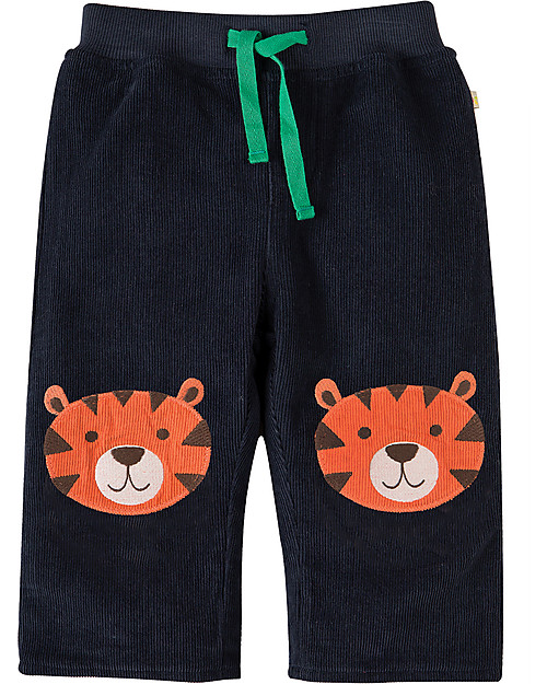 Frugi Cord Kneepatch Trousers with Applique, Navy/Tiger- 100% organic cotton Trousers
