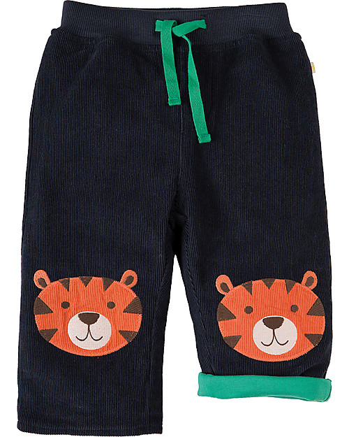 Frugi Cord Kneepatch Trousers with Applique, Navy/Tiger- 100% organic cotton Trousers