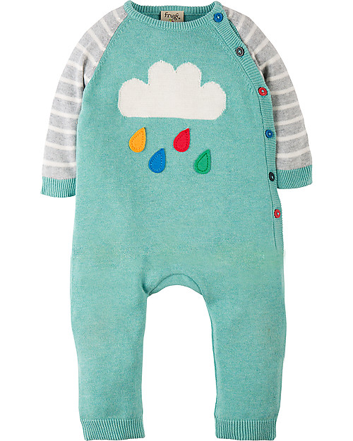 Frugi Cosy Knitted Romper, Aqua/Clouds - 100% organic cotton Babygrows