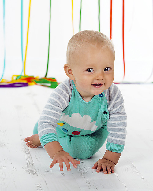 Frugi Cosy Knitted Romper, Aqua/Clouds - 100% organic cotton Babygrows