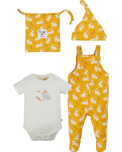 Frugi Dungaree Baby Gift Set - Bunnies - Bodysuit + Salopette + Hat + Drawstring Bag - 100% GOTS Organic Cotton Sets And Co-Ords