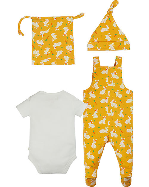 Frugi Dungaree Baby Gift Set - Bunnies - Bodysuit + Salopette + Hat + Drawstring Bag - 100% GOTS Organic Cotton Sets And Co-Ords