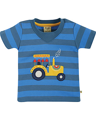 Frugi Easy-on Tee - Blue Stripe/Tractor - Organic Cotton T-Shirts And Vests
