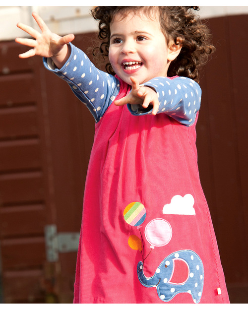 Frugi Elephant Cotton Cord Pinafore Dress Organic Cotton - Raspberry Pink Dresses_