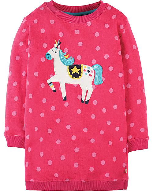 Frugi Eloise Jumper Dress, Raspberry/Pony - 100% organic cotton fleece Dresses_