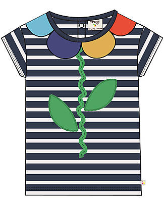 Frugi Flower Applique Tee with 3D Petals - Indigo Breton/Flower - Organic Cotton T-shirts