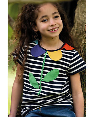 Frugi Flower Applique Tee with 3D Petals - Indigo Breton/Flower - Organic Cotton T-shirts