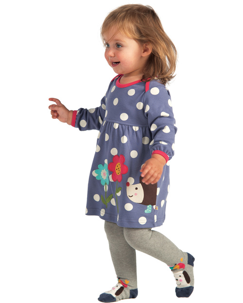 Frugi Freya Dress with Hedgehog Applique - Violet with polka dots - 100% organic cotton Dresses_