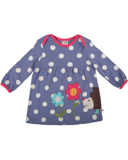 Frugi Freya Dress with Hedgehog Applique - Violet with polka dots - 100% organic cotton Dresses_