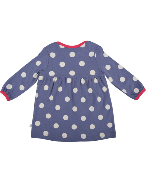 Frugi Freya Dress with Hedgehog Applique - Violet with polka dots - 100% organic cotton Dresses_