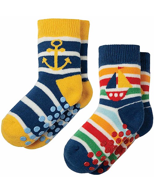 Frugi Grippy Baby Socks 2 Pack, Boat Multipack - Ideal for first steps! Antislip Socks