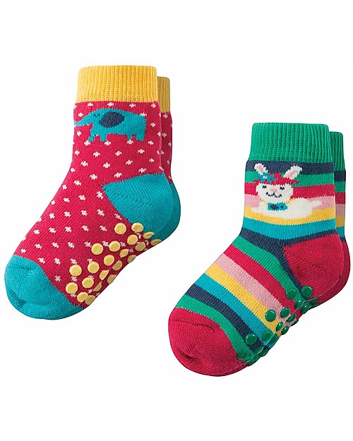 Frugi Grippy Baby Socks 2 Pack, Bunny Multipack - Ideal for first steps! Antislip Socks