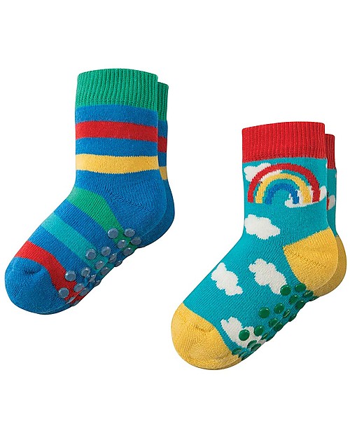 Frugi Grippy Baby Socks 2 Pack, Rainbow Multipack - Ideal for first steps! Antislip Socks