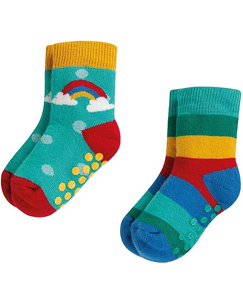 Frugi Grippy Baby Socks 2 Pack, Rainbow Multipack - Ideal for first steps! Antislip Socks