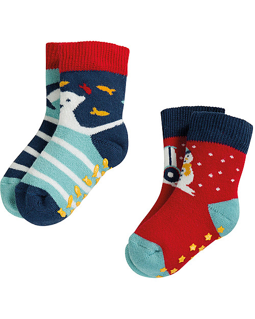 Frugi Grippy Baby Socks 2 Pack, Tractor Multipack - Ideal for first steps! Antislip Socks