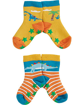 Frugi Grippy Socks 2 Pack - Bumblebee Dinos - Organic Cotton Antislip Socks
