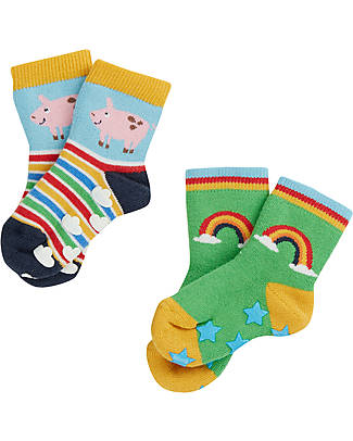 Frugi Grippy Socks 2 Pack - Rainbow Farm - Organic Cotton Antislip Socks