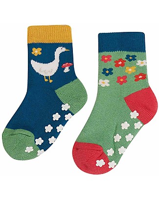 Frugi Grippy Socks Pack of 2 -Fjord Green/Geese - Organic Cotton Socks