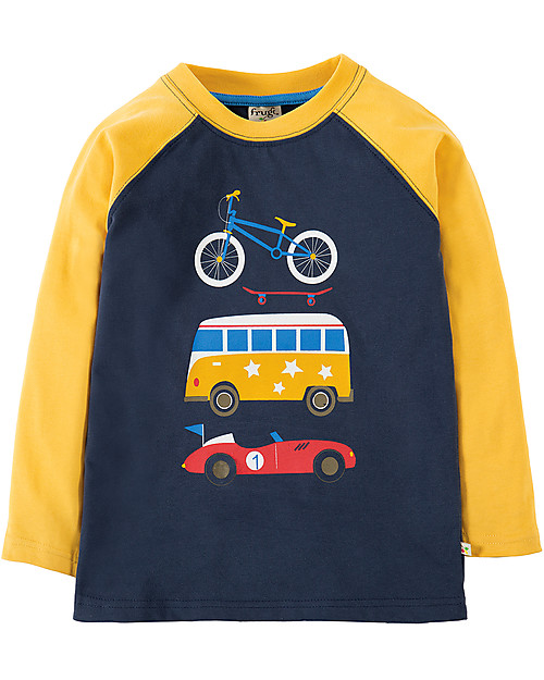 Frugi Harry Raglan Long Sleeves Top, Navy/Wheels - 100% Organic Cotton Long Sleeves Tops