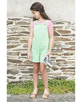 Frugi Hazel Short Dungarees - Green / Daisy - Chambray Organic Cotton Dungarees